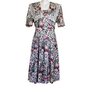 Jodi Michaels Floral Midi Dress Wide Collar Short Sleeves Vintage 90s